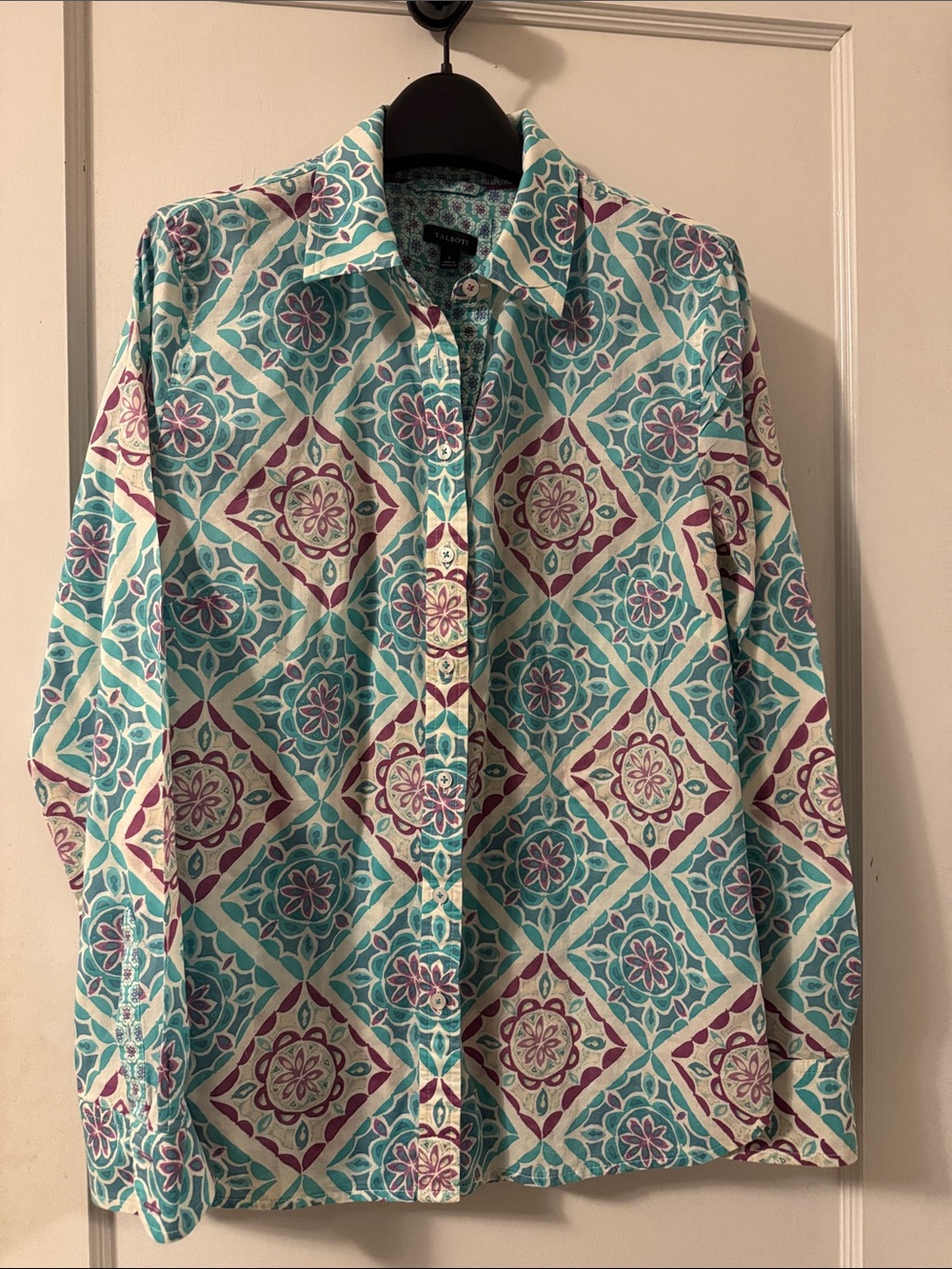Talbots Turquoise and Purple Geometric Button-Down Shirt